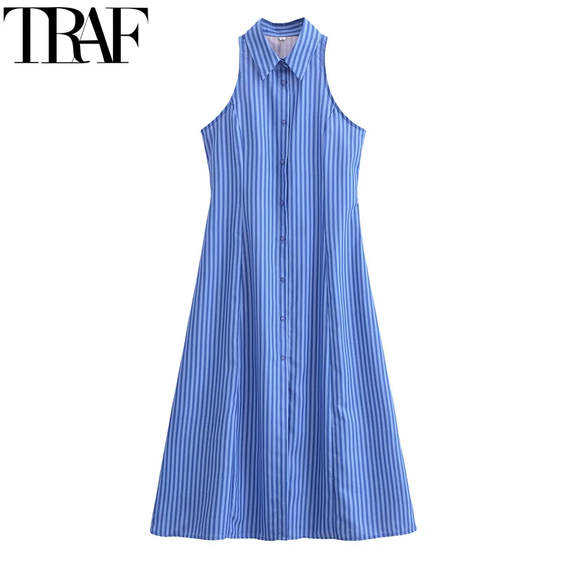 TRAF-Vestido Midi com Botões com Listras Fora do Ombro Feminino, Azul, Casual, Verão, 2022