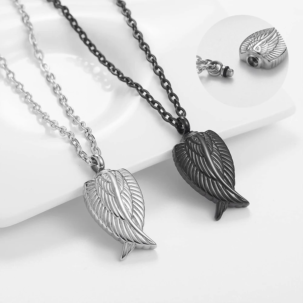 Angel Wing Necklace Stainless Steel Silver Guardian Angels Wing Pendant Cremation Jewelry Memorial Ashes Holder Necklace