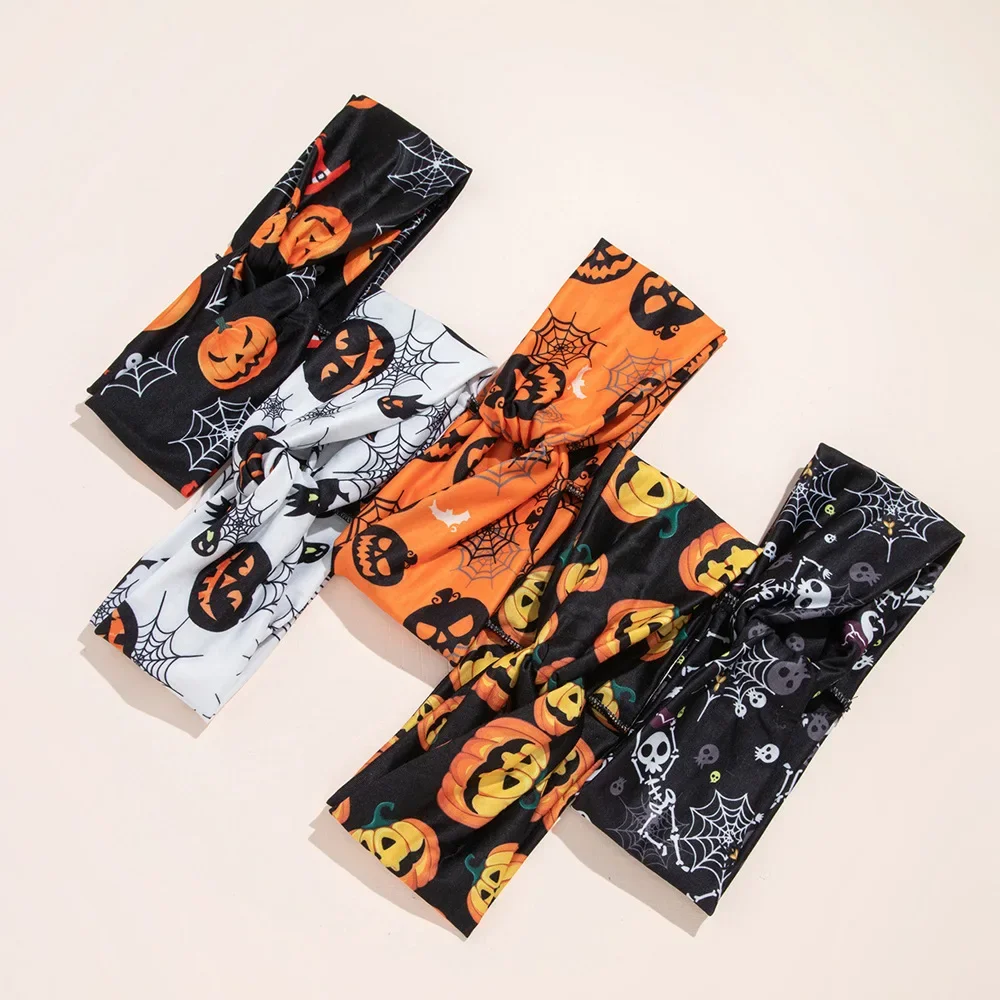 

Halloween Headband Ladies Double Cross Knot Headband Pumpkin Skull Ghost Spider Bat Halloween Elements Men's Headband