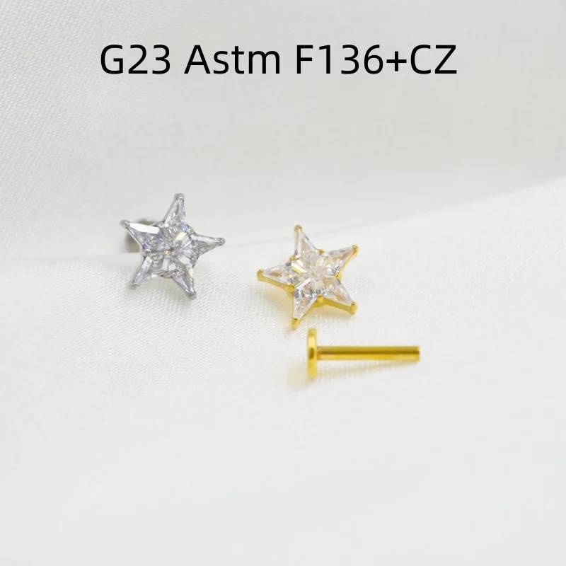 10pcs 16G G23 Titanium Astm F136 Star CZ  Internal Thread Lip Labret Bar Ear Helix Tragus Rook Barbells Stud Piercing Jewelry