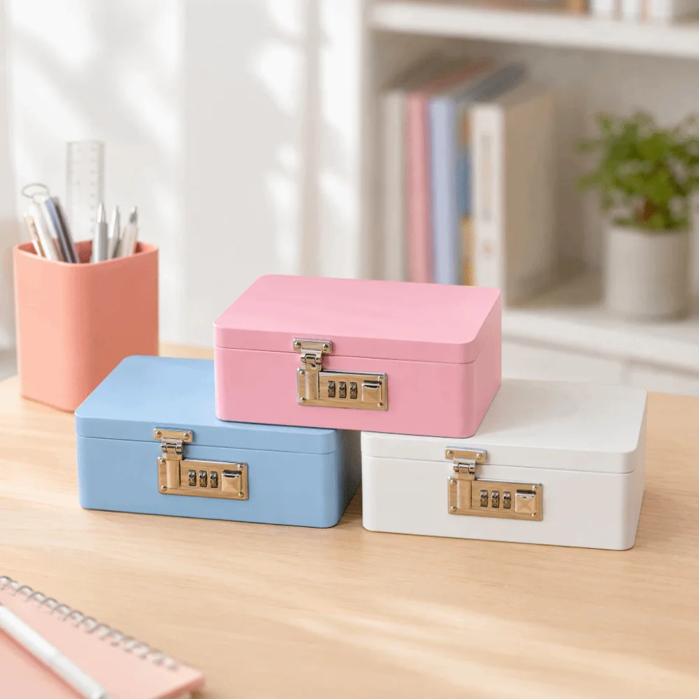 Solid Color Combination Lock Storage Box Rectangular Secure Storage Password Lock Iron Box Flip Top Design Piggy Bank Desktop