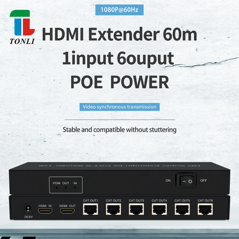 1080P for HDMI 60m Extender with 1x6 Loop Output 1 Input 6 Output Video Splitters & Converters POE Power Supply No Compression