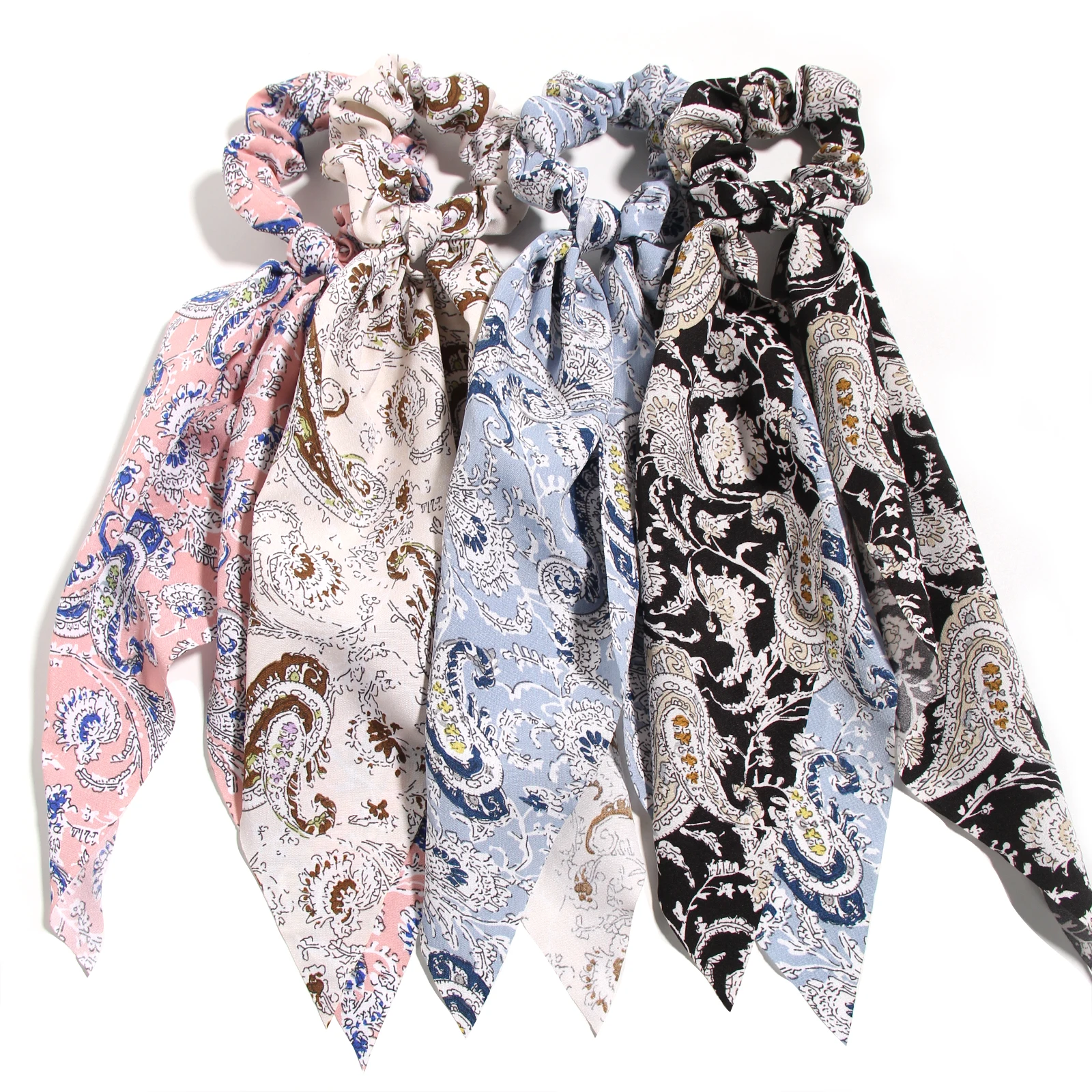 Vintage Printed Knot Streamers Long Hair Ribbon Scarf Hair Ties Elegant Women Ponytail Hair Rope Elastic Hair Bands Accessories