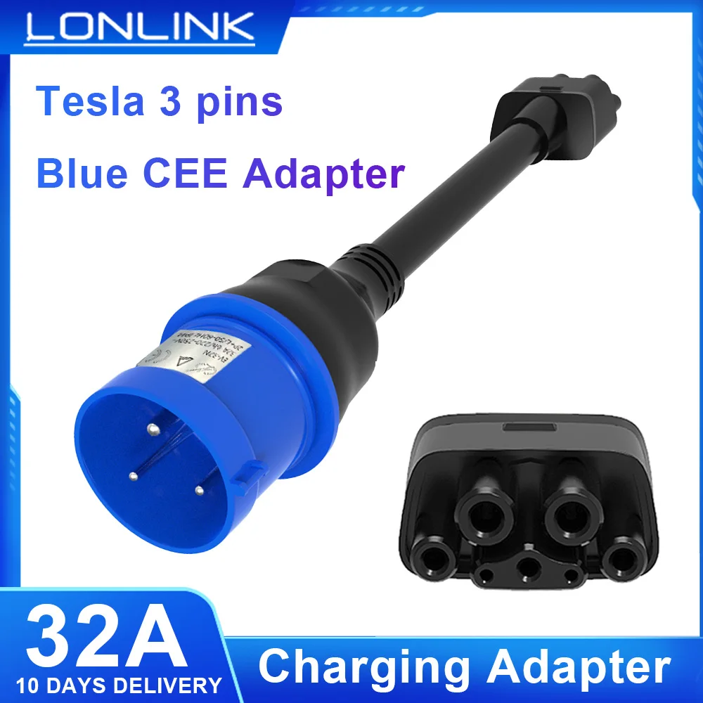 

For Tesla model 3 pin Blue CEE Adapter Tesla model X S Y Gen 2 Ev Charger Extension Cord Connector 240V Outlet at 32A 10 in