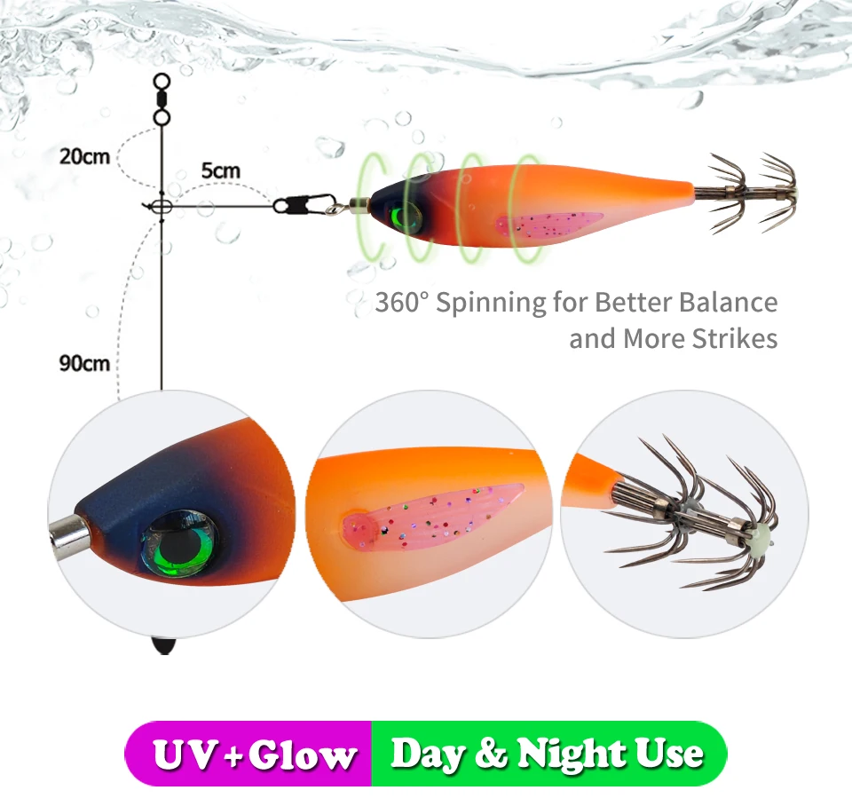 5 Stück UV-Leuchtende Tintenfisch-Jigs Egi-Köder mit Scharfen Haken, Leuchtende Holz-Garnelenköder für Salzwasser, Oktopus- und Tintenfisch-Angeln, Meeresangel-Zubehör-Set – Detail 3