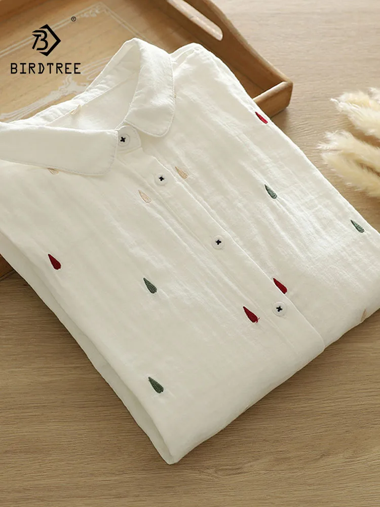 New 2026 Spring Women Cotton Yarn Long Sleeve Shirt, Lapel Embroidery, Mori Girl Sweet Japan Style Soft Loose Blouse T62827CC