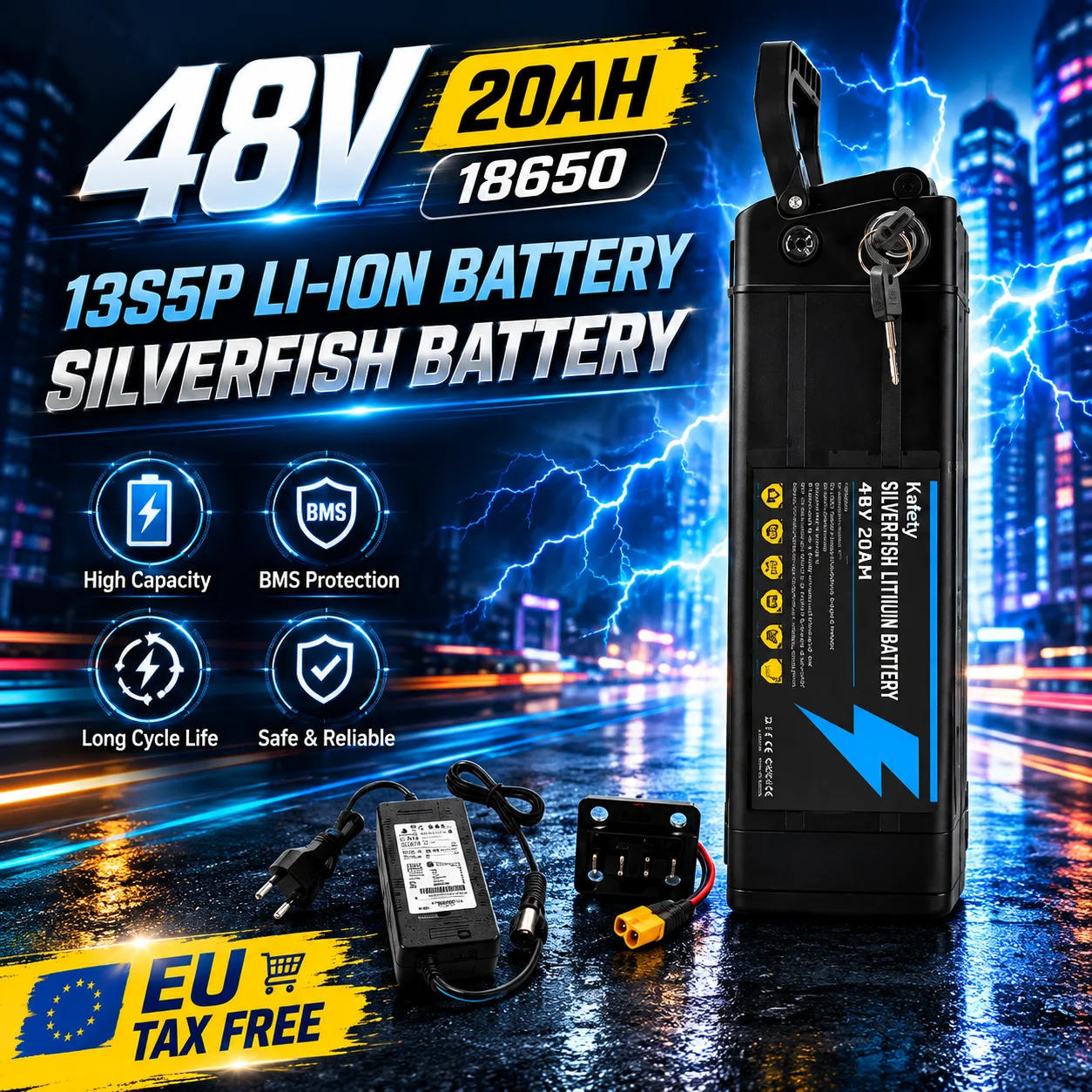 Abnehmbarer Silver Fish E-Bike Lithium-Akku 36V/48V/52V/60V 10Ah 12Ah 15Ah 20Ah Lithium-Akkupack mit BMS für 250W-1800W klappbare E-Zweiräder