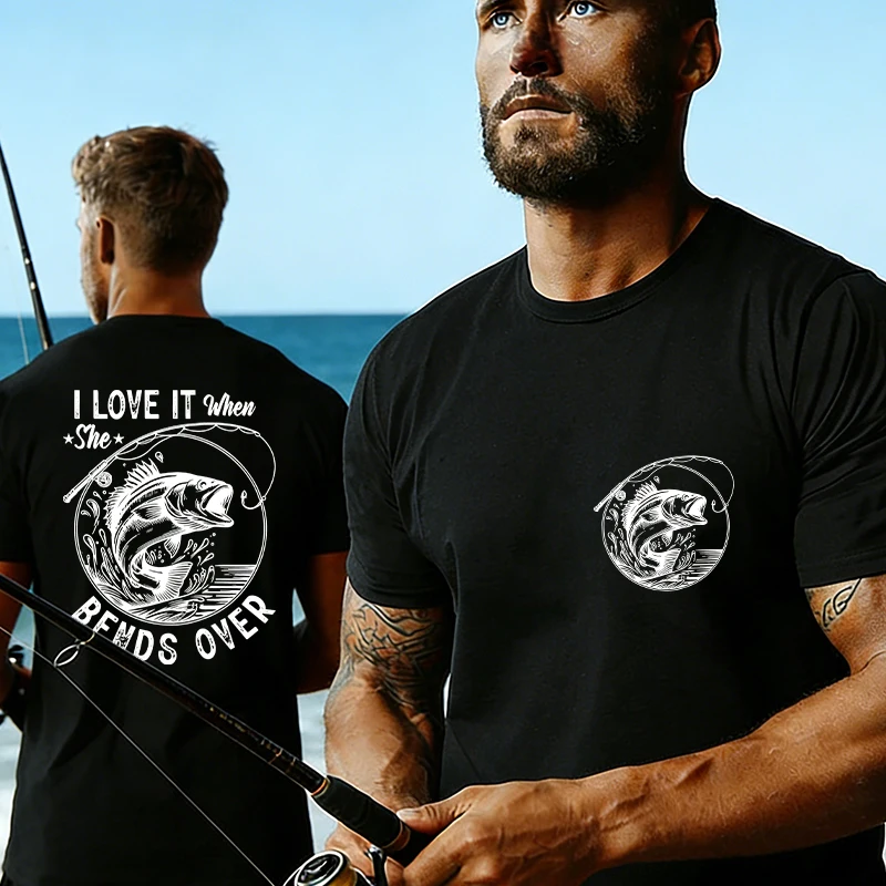 Camiseta de moda para amantes de la pesca para hombre, con estampado de doble cara de la frase 'I Love It When She Bends Over Bass', camisetas de manga corta de verano