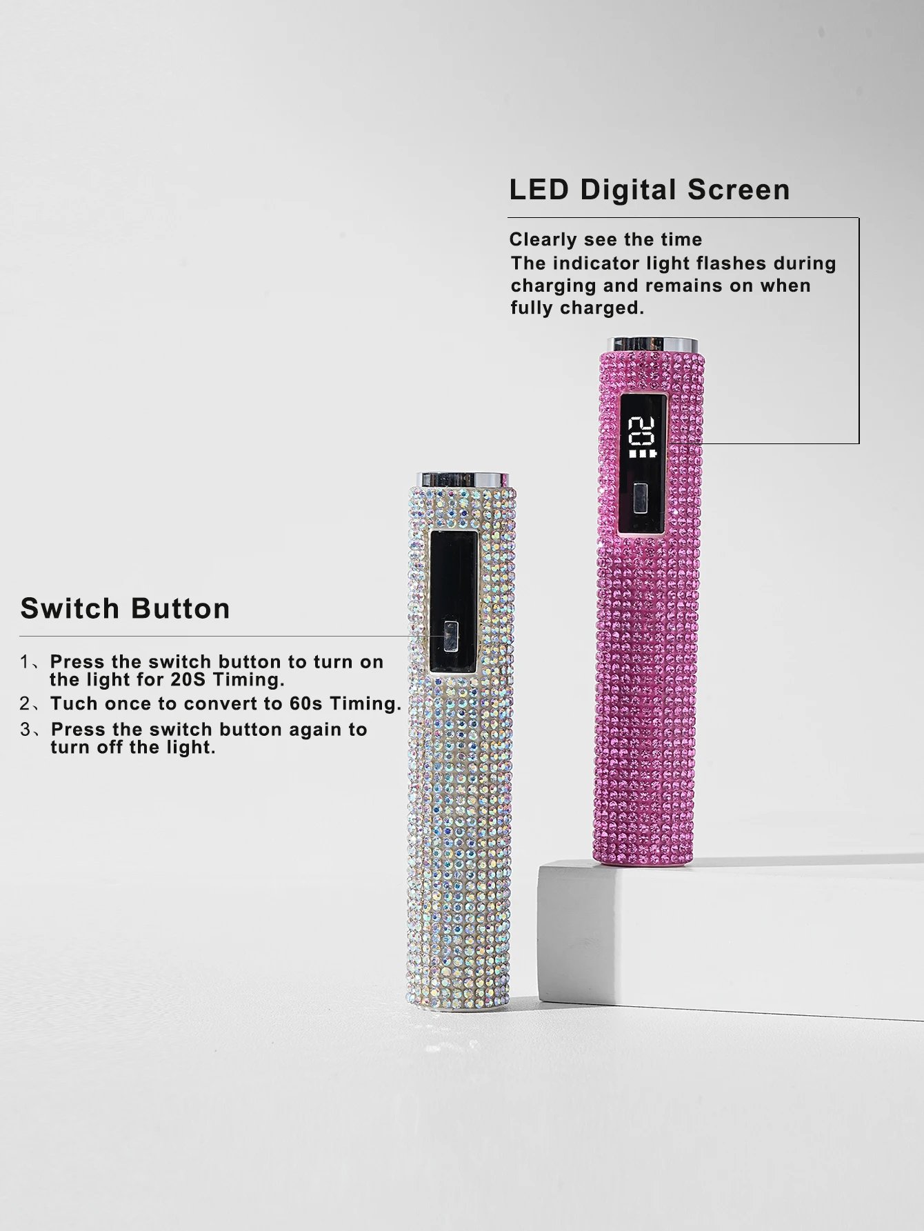 مصباح أظافر LED محمول USB، ضوء أظافر جل UV سريع الجفاف، قابل لإعادة الشحن مع بطارية 180 مللي أمبير في الساعة، شاشة LCD، شاشة تعمل باللمس، للأصابع