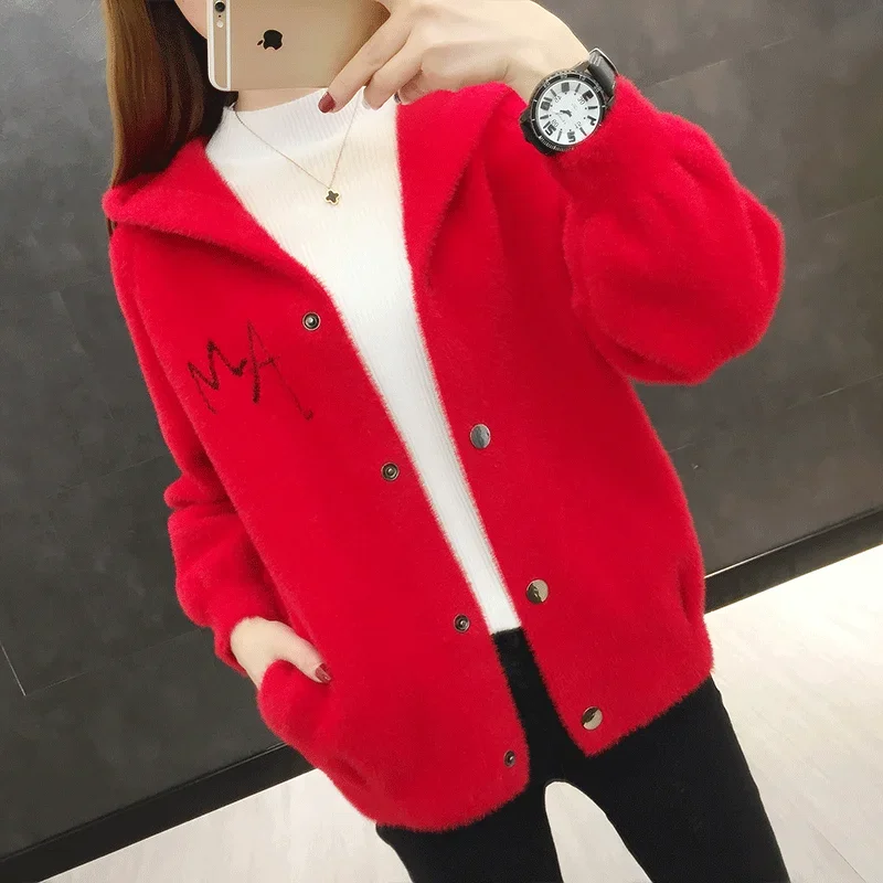 2024 New Hooded Thick Imitation Mink Fleece Sweater Short Coat Women Knitted Cardigan Tops Z551