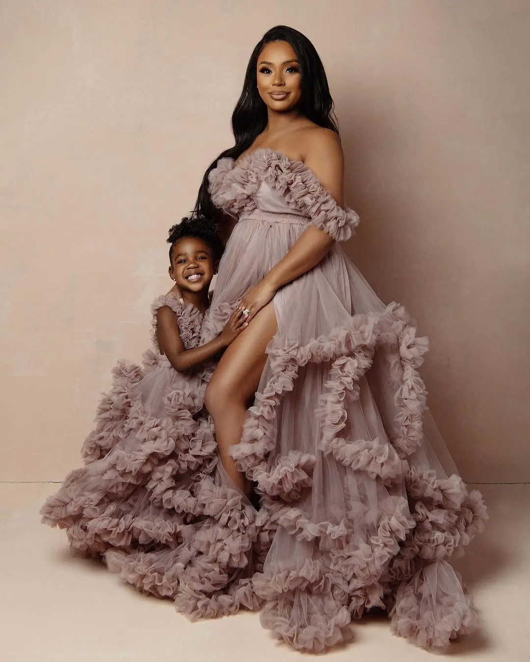 custom Dusty Pink Ruffled Tulle Maternity Dress Mom and Daughter Photoshoot Gown Corset Pregnancy Photography Dresses #18724