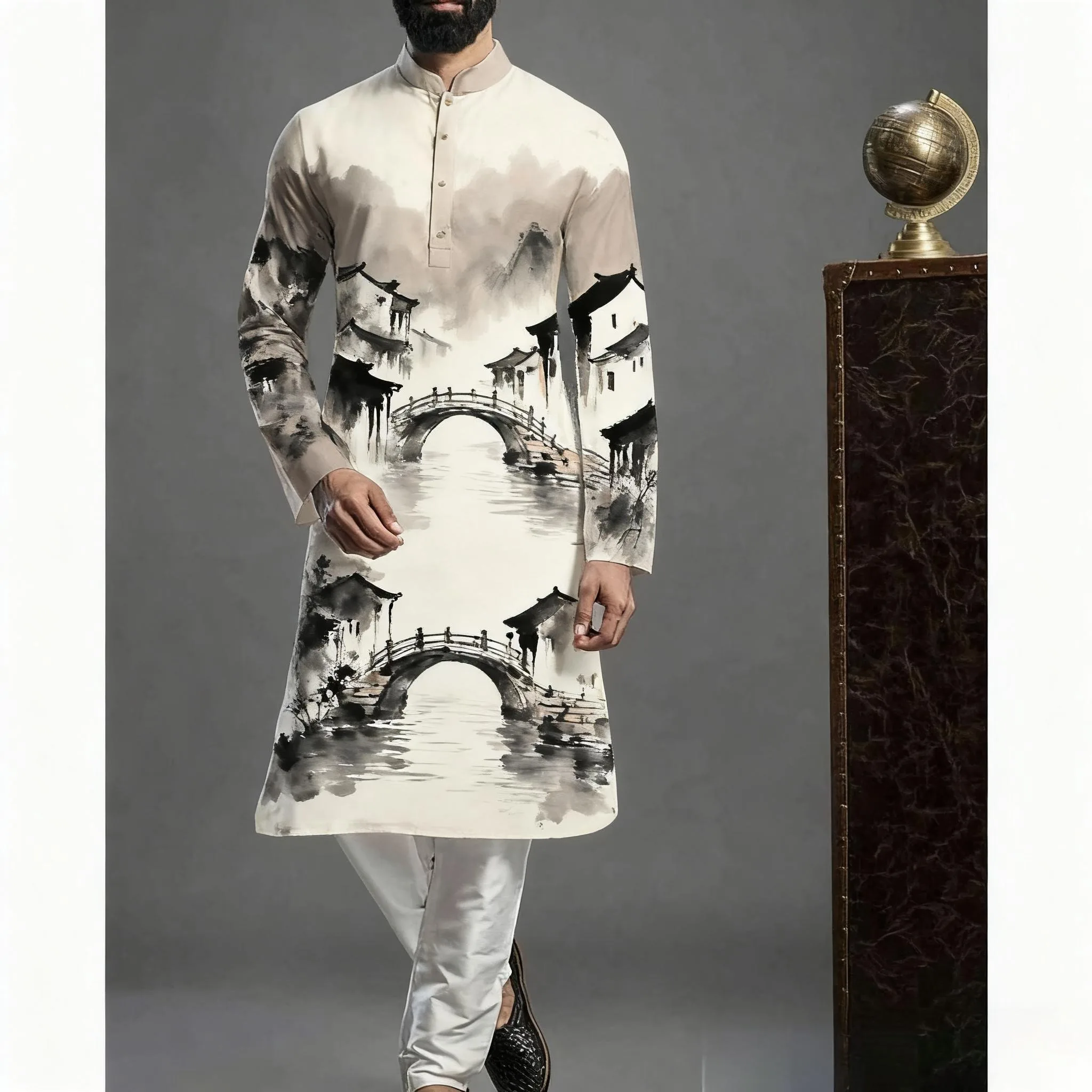 قميص كورتة إسلامية ملابس رجالية قفطان شعبي Musulman Kurta ملابس إسلامية هندية قمصان مطبوعة بأكمام طويلة