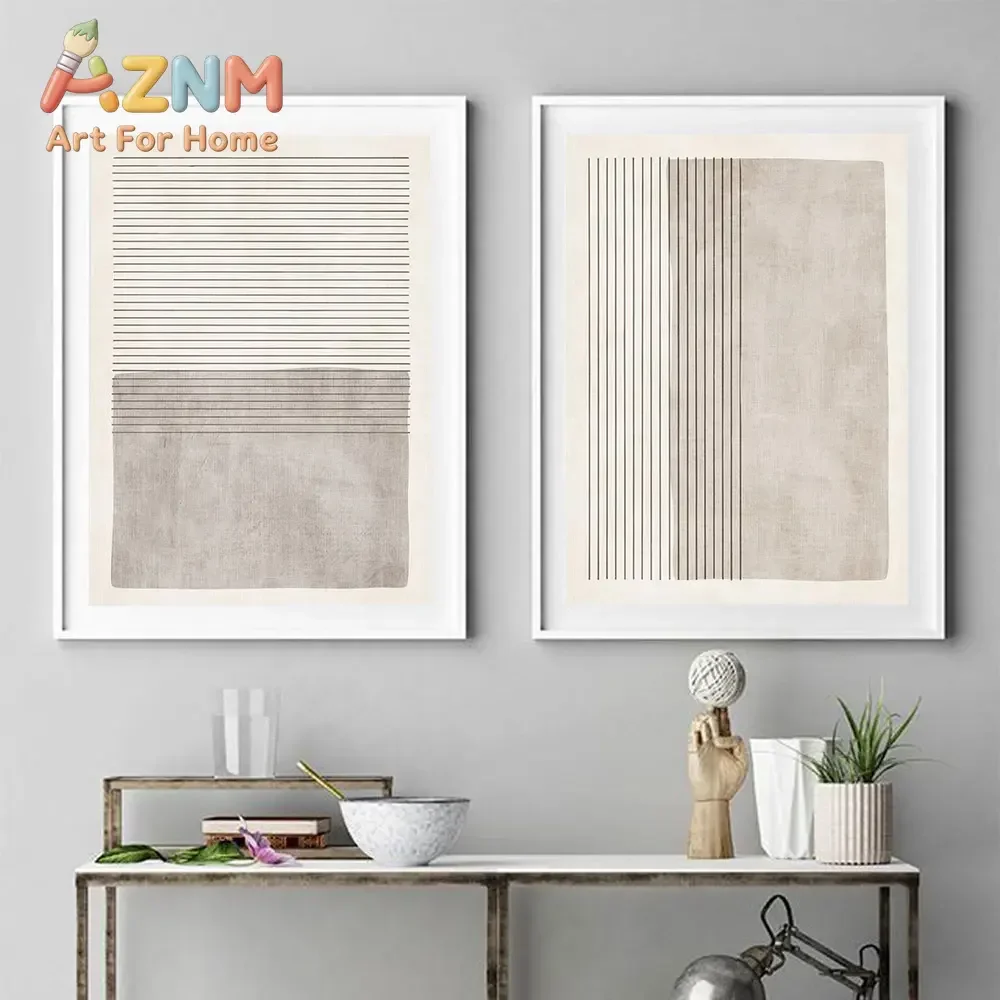 AZNM Neutral Beige Abstract Line Canvas Poster Minimalist Geometric Texture Wall Art Living Room Home Decor Unframed Canvas Pain