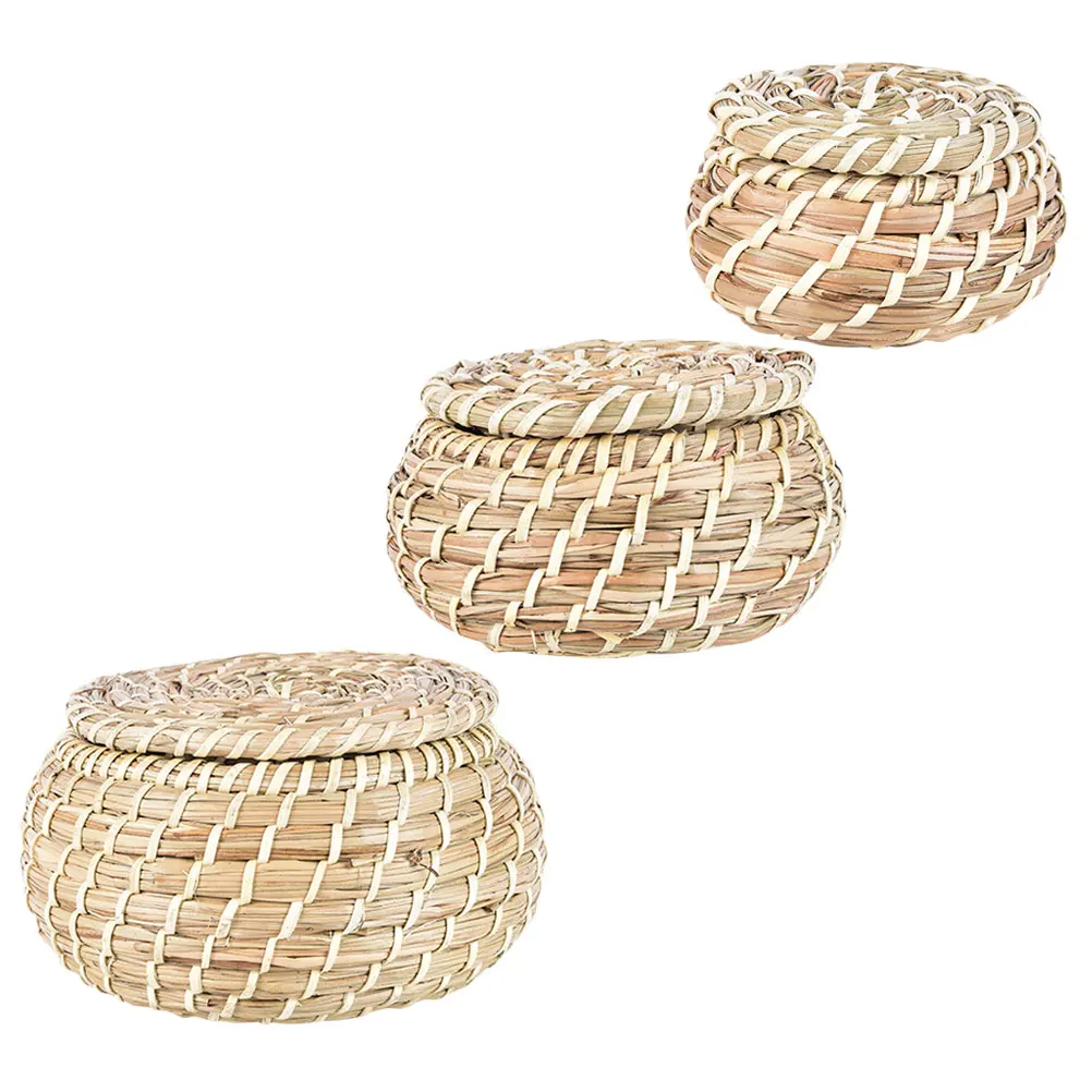 

3pcs Natural Grass Woven Storage Baskets With Lids Handmade Decorative Boxes Rustic Home Organizer For Makeup Snacks Keys Indoor