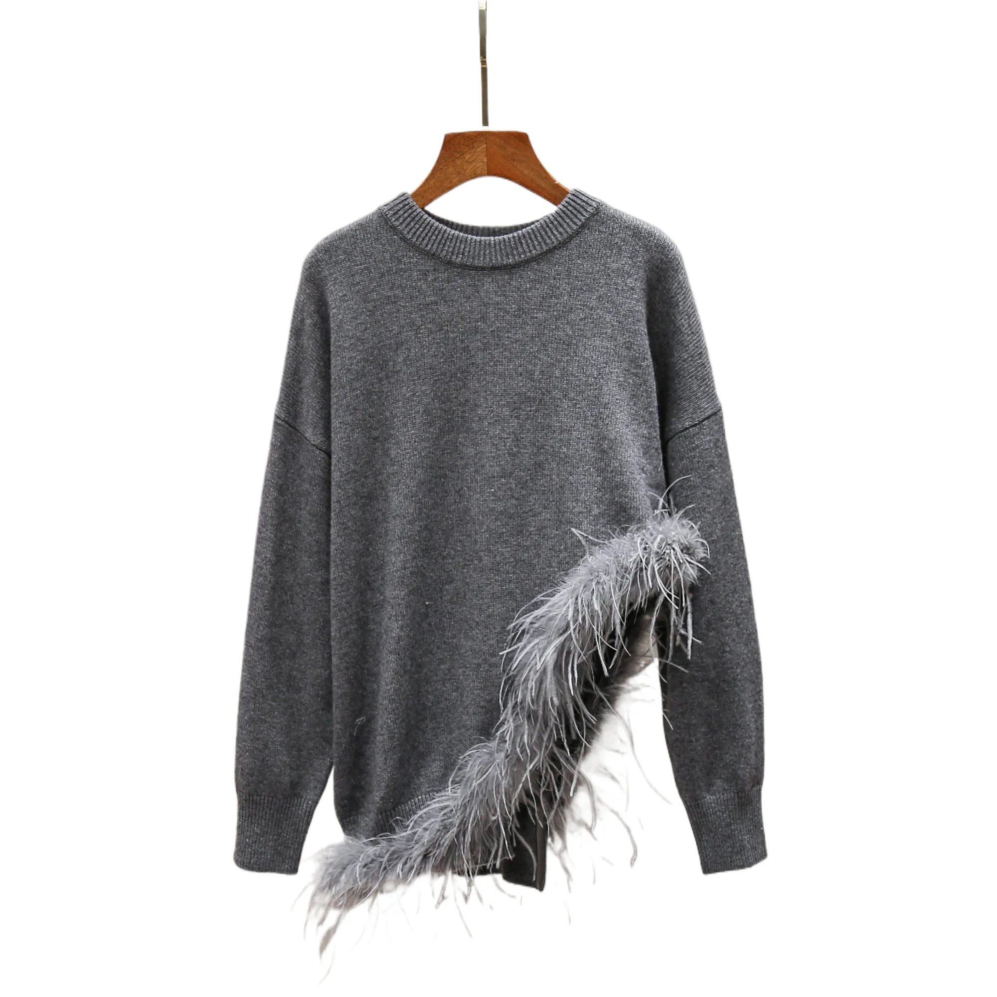 New Winter Loose Design Feathery Hem Long Sve Knitted Sweater Irregular Sle Women's Premium Quali Faionable Top