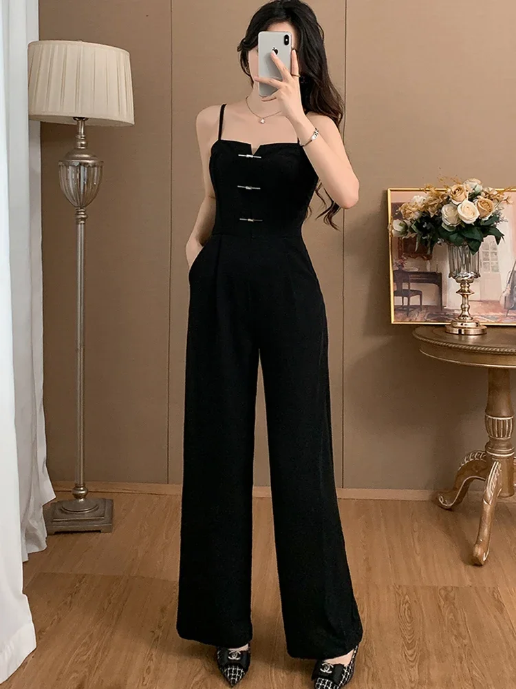 2024 Nieuwe Zomer Voor Vrouwen Modeontwerp Sexy Zwarte Sling Jumpsuits Dames Elegant Office Ol Hoge Taille Wijde Pijpen Rompertjes