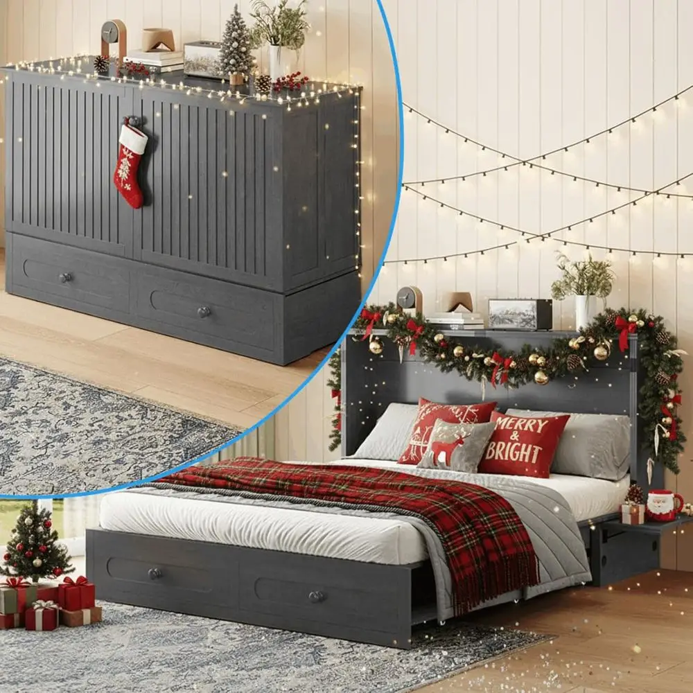 

Кровать-трансформер EMIND размера «Queen» — массив дерева, с местом для хранения, USB-портами, компактная настенная кровать для домашнего офиса, серая