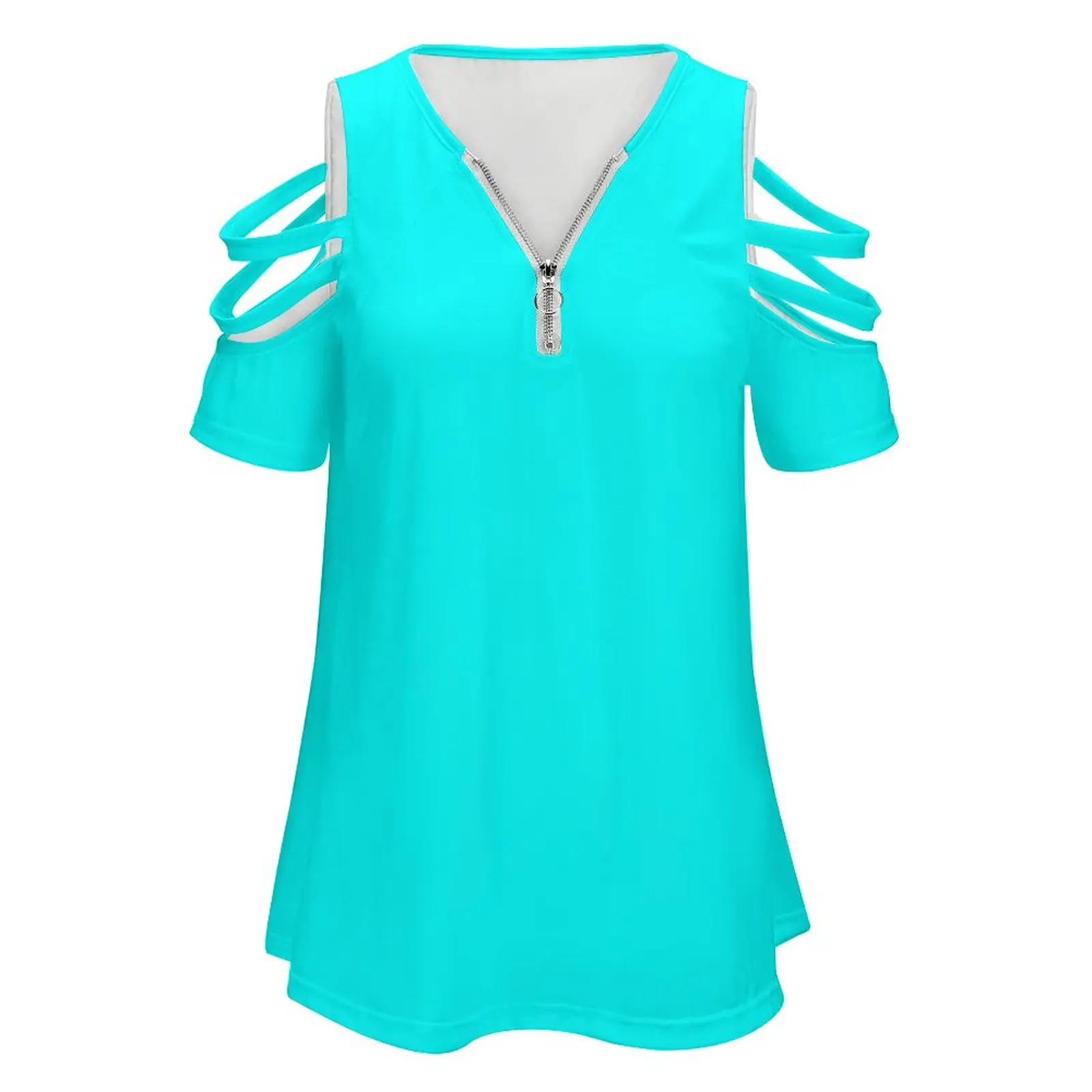 Neon Aqua Blue Bright Electric Fluorescent Color Women'S T-Shirt New Fashion Printed Zipper V-Neck Short Sleeve T Shirts Casual