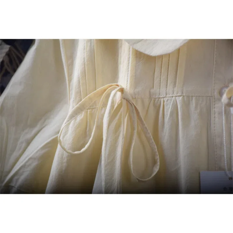 2024 New Summer Sweet Fashion Minimalist Versatile Short Sleeve Blouses Loose Doll Neck Solid Color Bow Button Women's Shirt Top