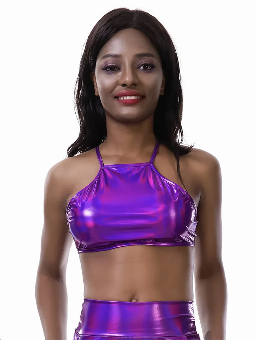 Женский сексуальный укороченный топ с эффектом металлик, блестящий материал, кожаный жилет без рукавов, топы на бретелях, золотые блестящие рейв-танцевальные фестивали, клубная одежда