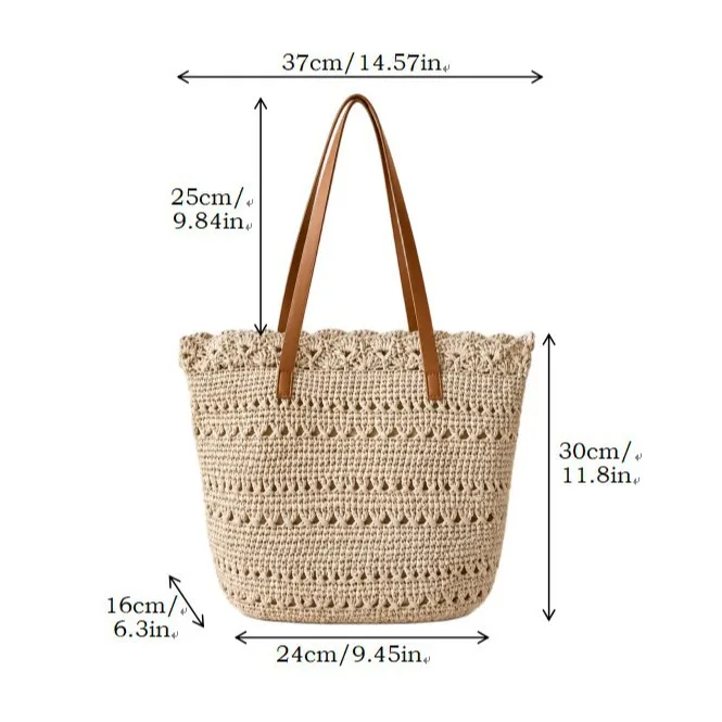Boho Crochet Straw Tote Bag Women Large Woven Beach Shoulder Bag  Summer Vacation Casual Handbag