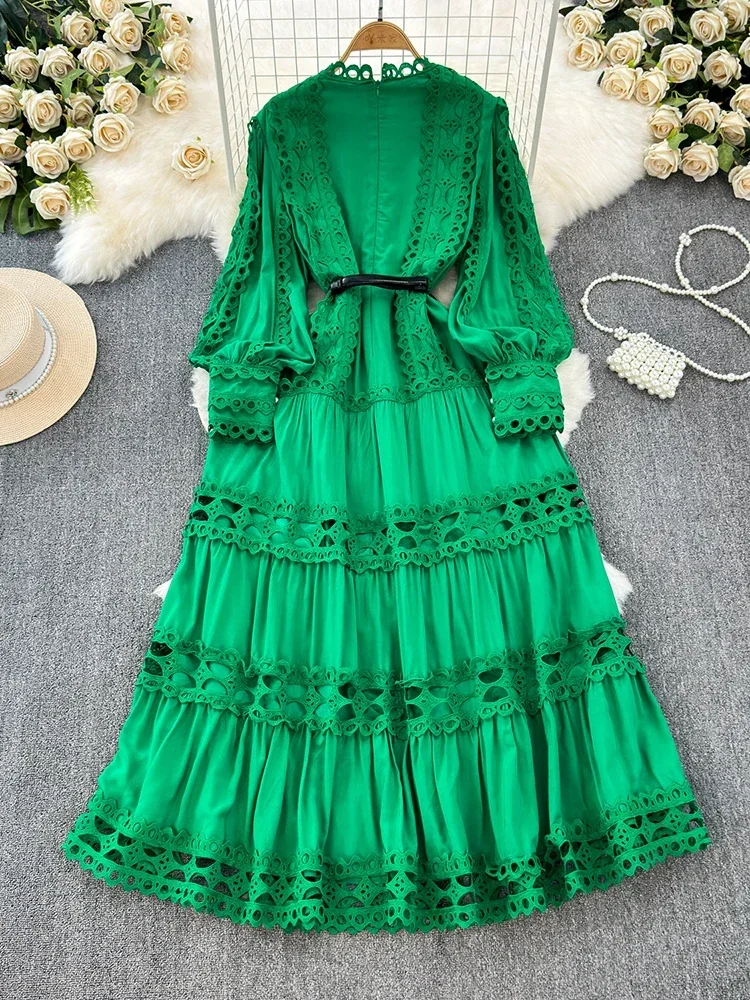 European Korean Long Party Dress for Spring Autumn Women Hollowed Out Lace Patchwork Slim Fit Long Sleeved High-end Dress A110