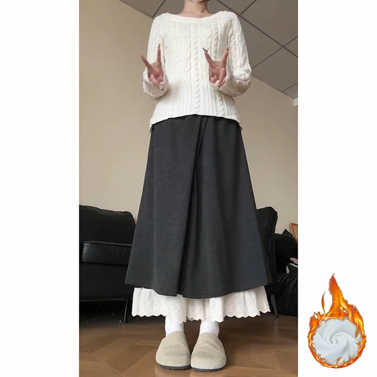 Pantalones de pierna ancha con forro de encaje y efecto adelgazante para mujer, falda envolvente de imitación drapeada, ropa informal, Otoño e Invierno