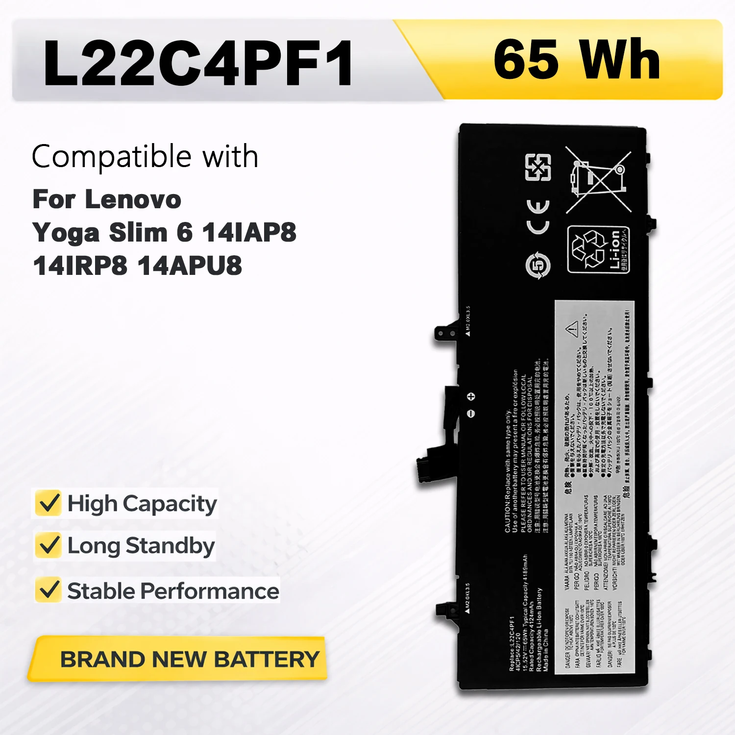 PowerHub L22C4PF1 Battery 65Wh 15.52V For Lenovo Yoga Slim 6 14IAP8 14IRP8 14APU8 L22D4PF1 L22M4PF1 L22L4PF1 4189mAh Li-ion
