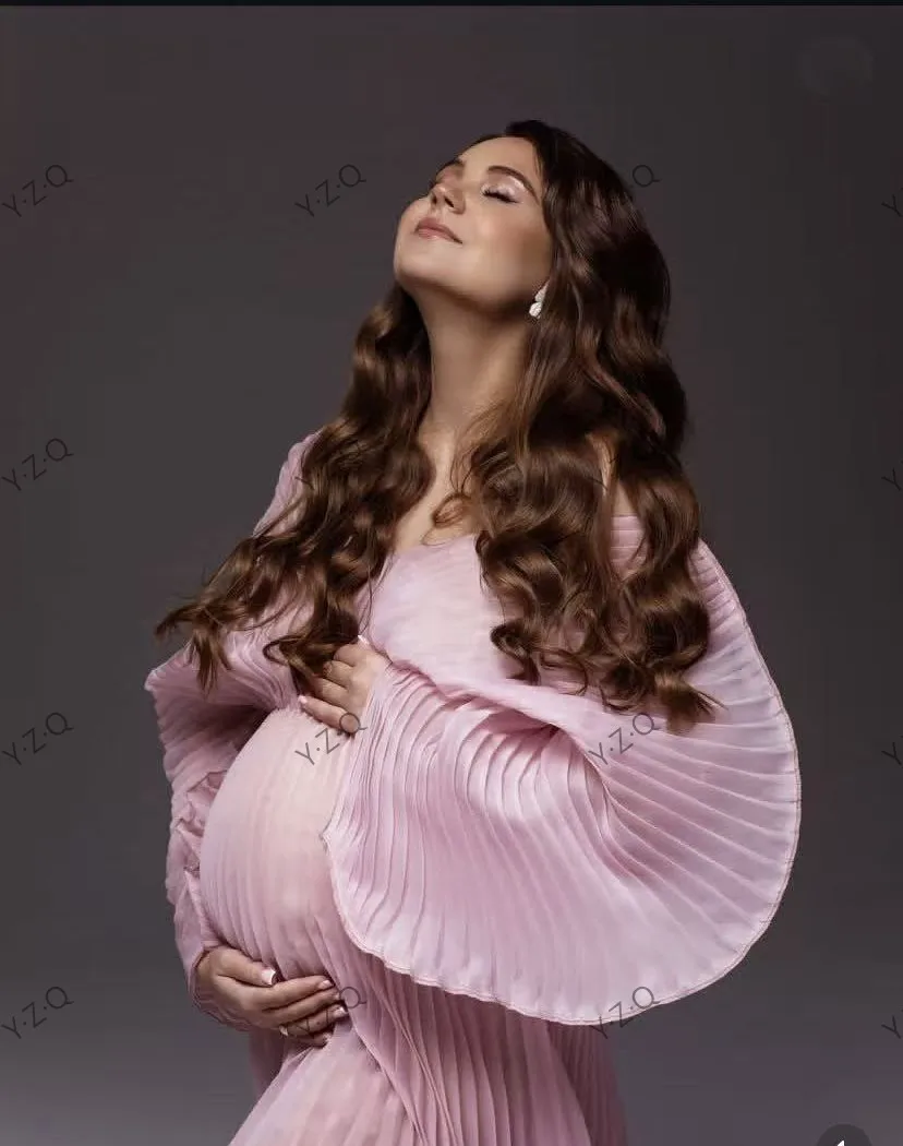 Photoshoot Maternity Dresses Puffy Sleeves Off Shoulder Pleated Long Maternity Photography Dress Pregnant Women Gowns Sheer Pink