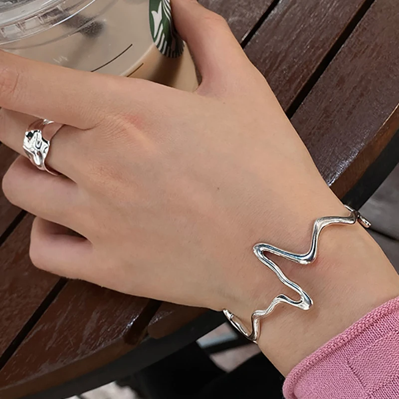 FOXANRY Minimalist Stamp Bracelet for Women Couples Fashion Creative Irregular Wave Geometric Handmade Party Jewelry Gifts