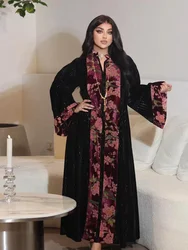 Abito da festa in velluto Abaya per donna Jalabiya colletto alla coreana musulmano abiti lunghi eleganti floreali marocco caftano abiti abito arabo