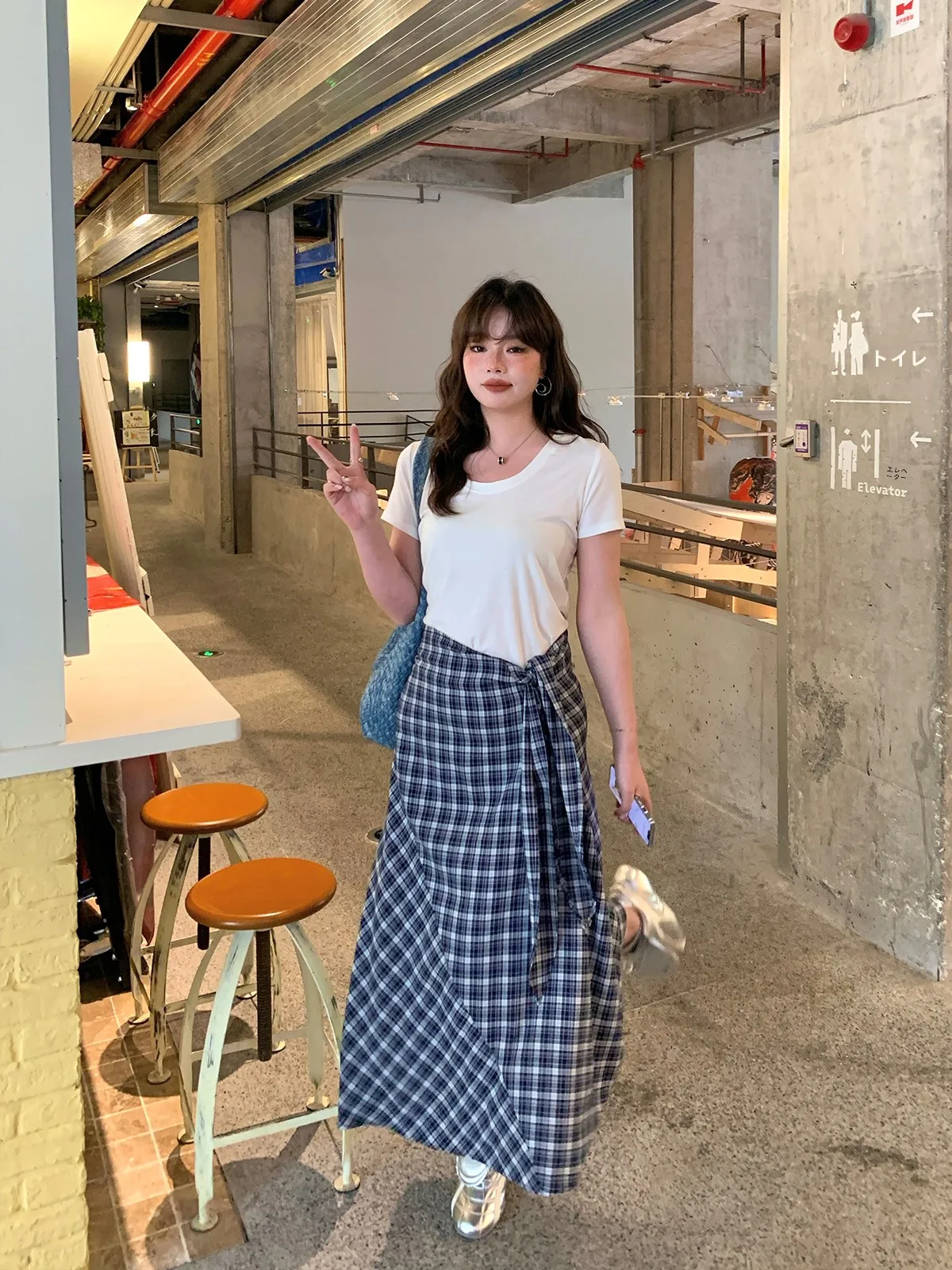 

Roade Large Size Plaid A-Line Skirt Women's Asymmetrical High Waist Korean Sle Casual Polyester Blend Long Skirt