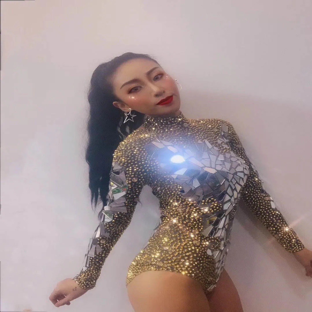 Strass espelho bodysuit feminino aniversário celebrar festa roupa prata ouro mostrar menina festa clube dança traje