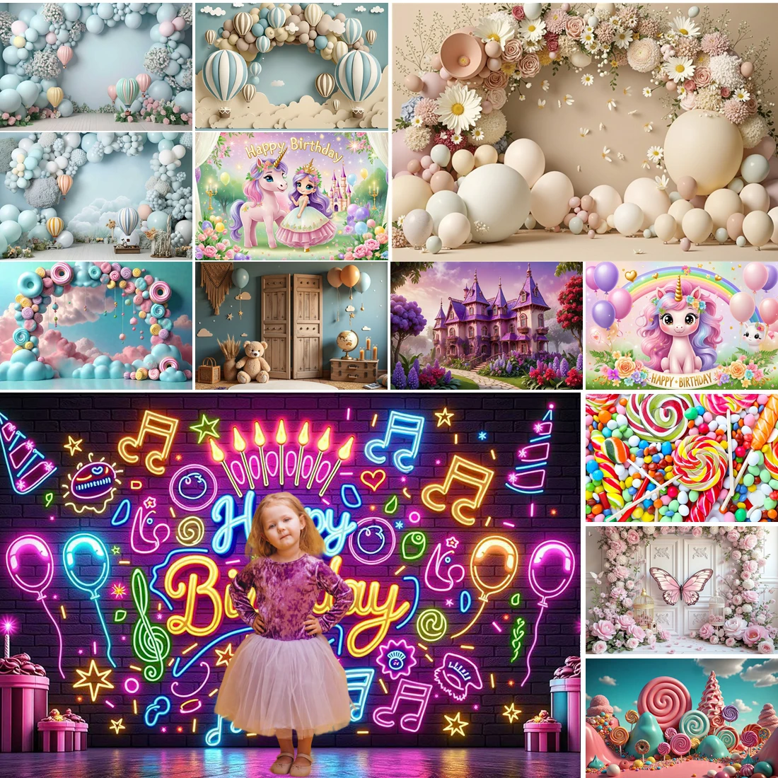 

MOON.QG Elegant Birthday Photo Background Floral Neon Teddy Bear Backdrop Photo Studio Kids Studio Photo Portrait Wallpaper Wall