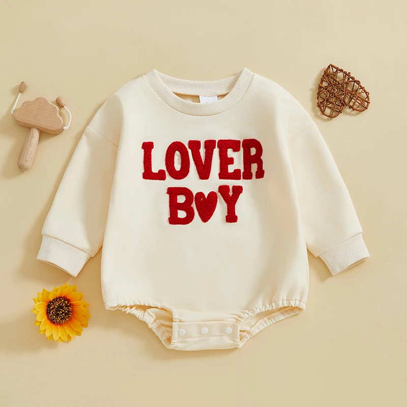 Infant Boy Jumpsuit with Long Sleeves and Round Neckline featuring Heart and Letter Embroidery Detail Perfect for Spring and