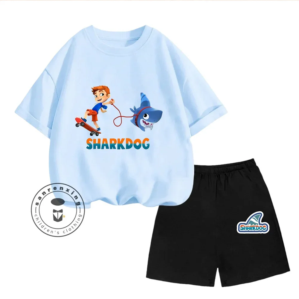 

2pcs Sharkdog Short Sleeved Shorts Set for Children Anime Cartoon Fashion T-shirt Pants Suit Summer Clothes Sets