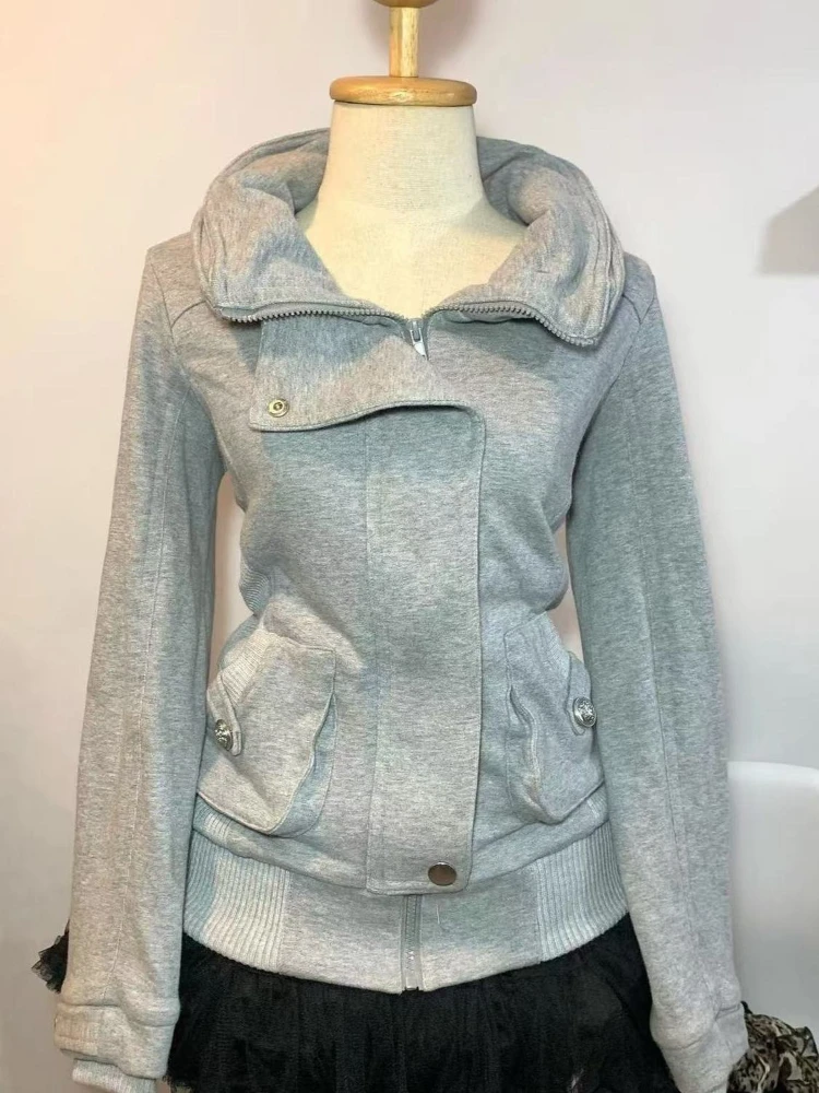 

Autumn American Retro Gray Jacket Women New Design Sense Slim Fashion Sweet Y2k Coat Aesthetic Casual Vintage Hot Chick Clothing