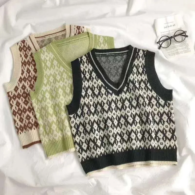 Women Sweater Vests Spring Autumn Fashion Female Casual Loose V-neck Knitted Waistcoat Sleeveless Pullover Tops Knit Vest