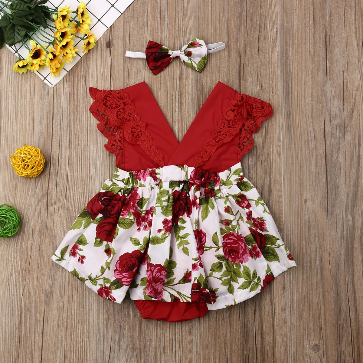 Newborn Baby Girl Princess Rompers Floral Print Sleeveless Cotton Lace Jumpsuit Headband Sunsuit Baby Summer Clothing 0-24M