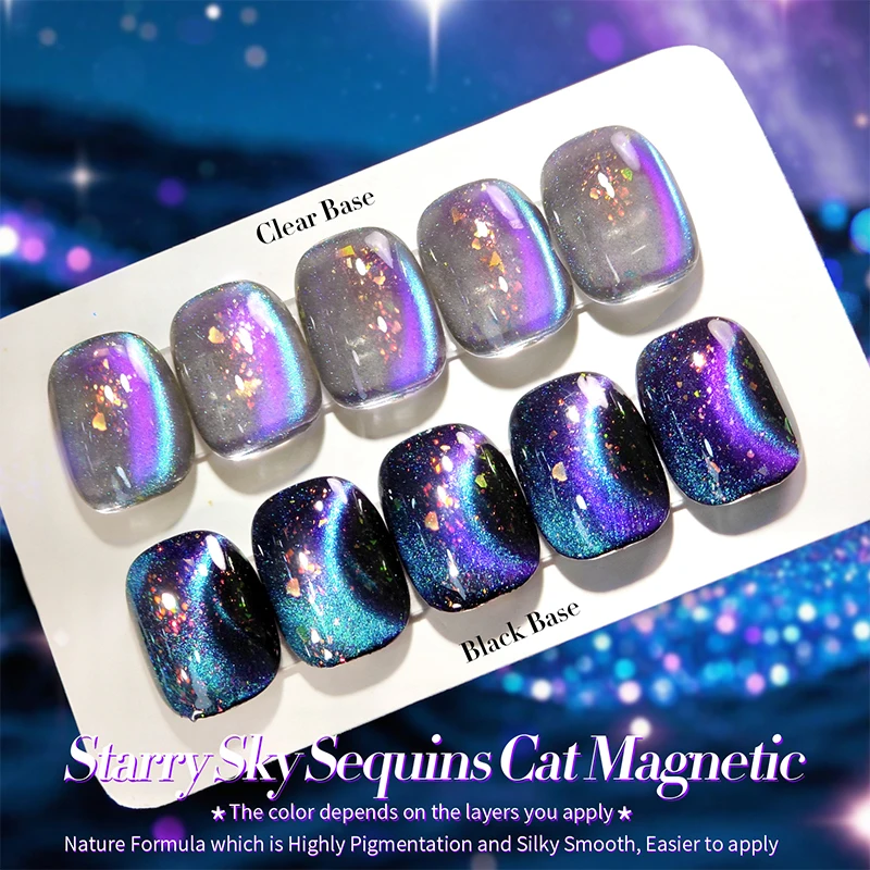 BORN PRETTY Starry Sky Sequins Cat Magnetic Gel Nail Polish Purple Blue Double Light Gel Polish with Magnet Stick Need Black Gel