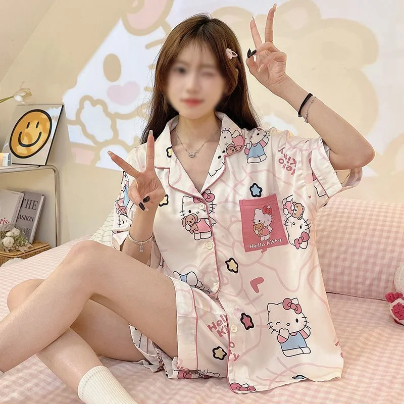 

Sanrio Hello Kitty Cute Pajama Set Summer Pijama Shorts Short Sleeve Sleepwear Kawaii Cartoon Anime Negligee Home Suit for Women