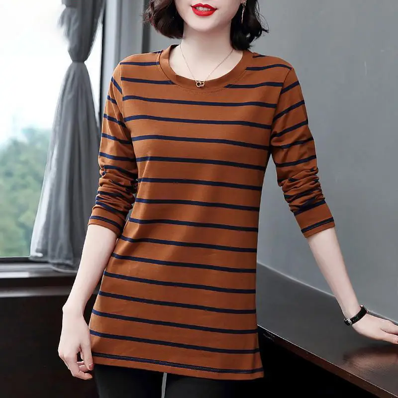 Casual Striped Print Bottoming Shirt Spring Autumn New Long Sleeve Plus Size Loose T Shirt Tops Vintage Fashion Women Clothing