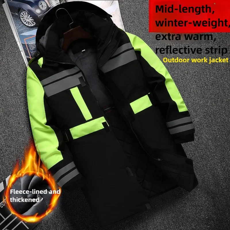 

Длинная зимняя рабочая куртка, светоотражающая водонепроницаемая ветрозащитная уличная парка на толстой флисовой подкладке