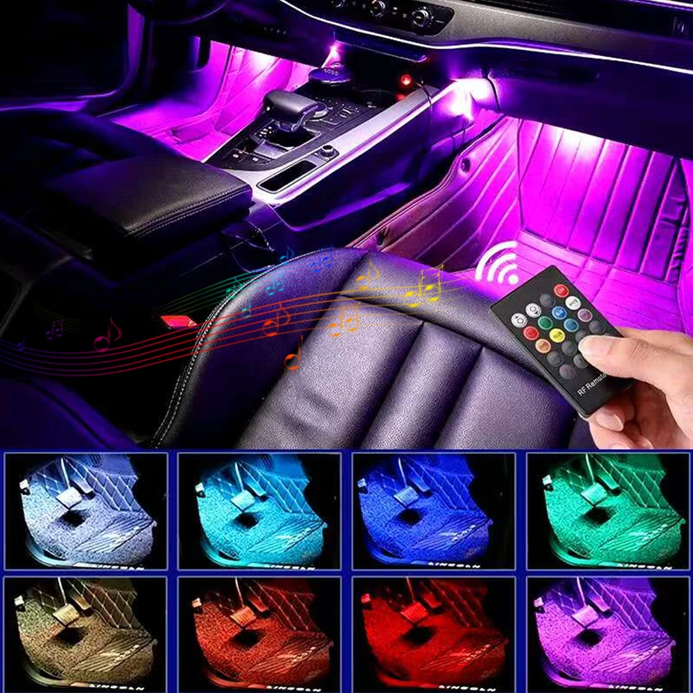 

Светодиодный автомобильный атмосферный декоративный светильник, подсветка, двойное управление с USB, беспроводной пульт дистанционного управления, музыкальное приложение, автоматический интерьер, окружающая лампа для ног