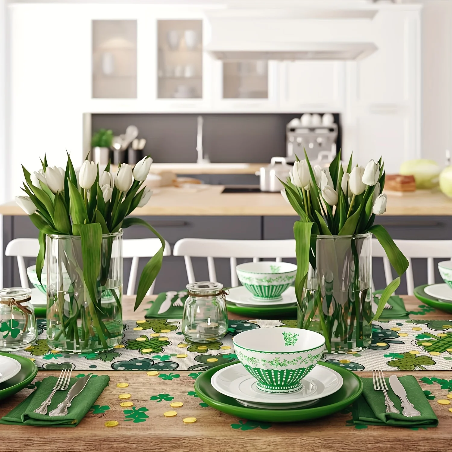 St. Patrick's Day Linen Table Runner - Lucky Green Shamrock ,  Farmhouse Indoor Outdoor Decor