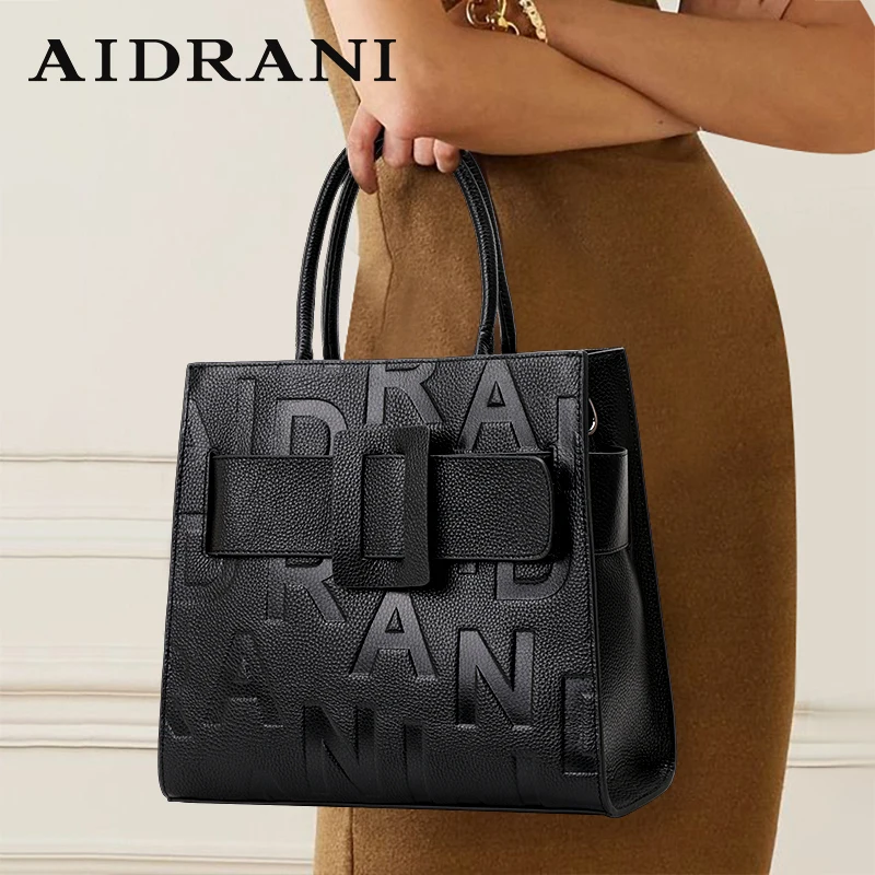 

Aidrani Fashionable women's large capacity handbag with letter print design, made of cowhide material, black