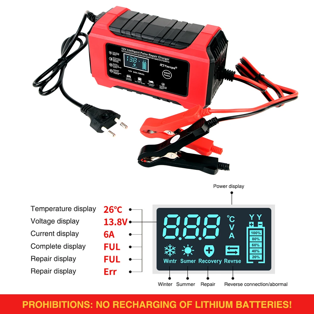 

Digital Display Screen EU Plug 12V6A Car/Motorcycle Charger Suitable for Lead Acid Batteries Smart Battery Charger