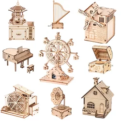 FEOOE 2024 Children's  Wooden Music Box DIY 3D Puzzle Toys  Clockwork Music Pen Boxed Puzzle 12 Choose CJ