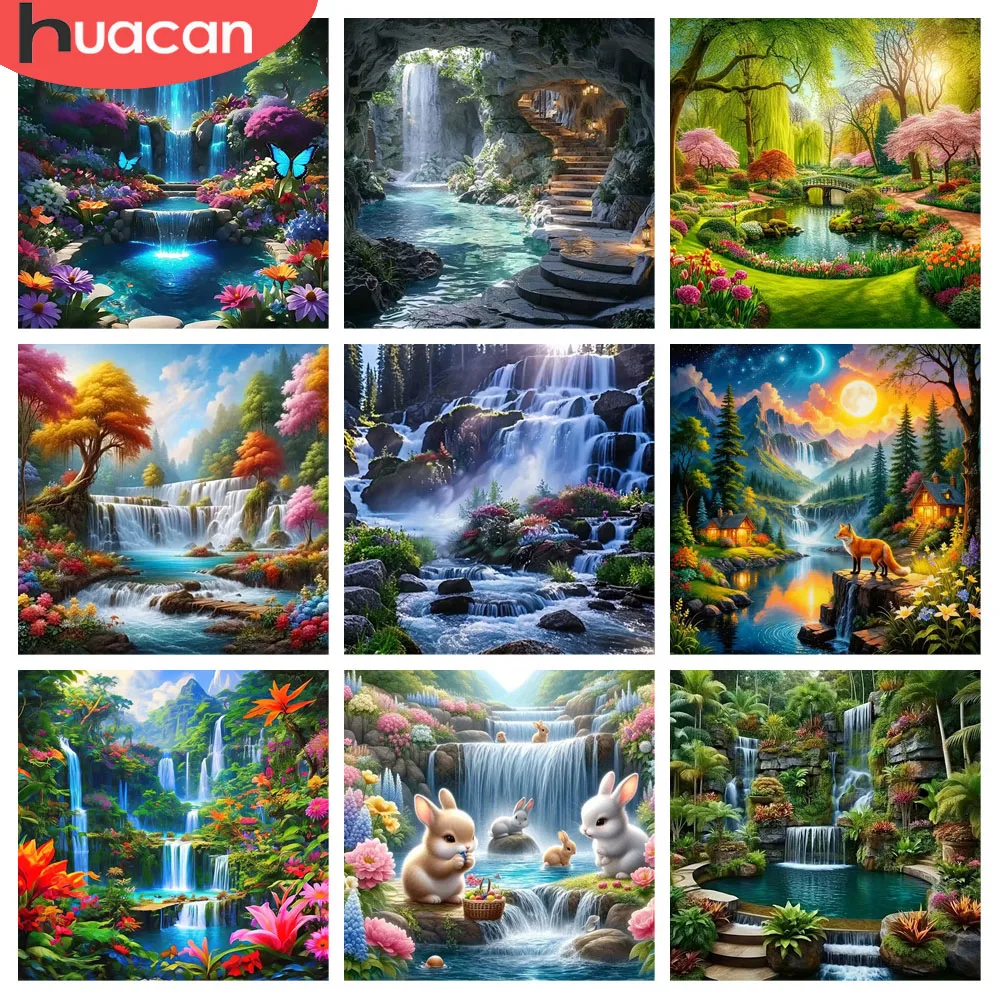 HUACAN 5D-Diamant-Mosaik zum Selbermachen, Wasserfall, Landschaft, Handwerk, Zuhause, Schlafzimmer, Wandkunst, Strasssteine, Gemälde, Wald, voll, quadratisch, rund
