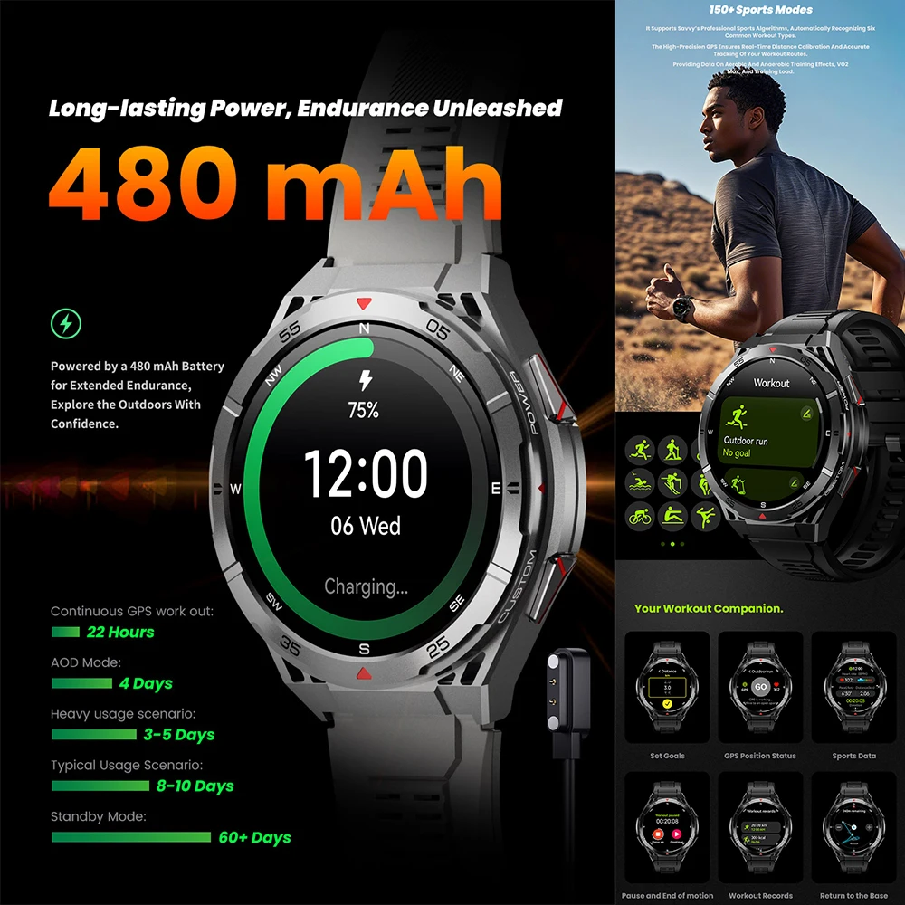 X2 Tank GPS Smart Watch 3ATM Waterproof Swimming Dual Band GPS Smartwatc BT Call Compass Altitude Barometer 1.43" AMOLED Display
